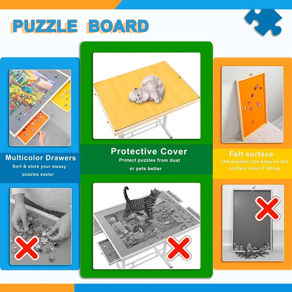 Adjustable Jigsaw 1500 Puzzle Table with Drawers, Angle & Height Adjustable with Metal Legs/ 35"x26" Tilting