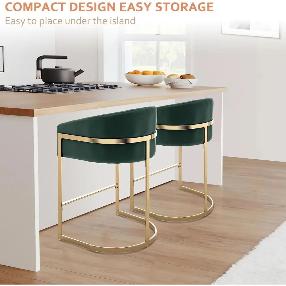 Counter Height Bar Stools Set of 2, Modern 27" H Barrel Counter Stools with Shell Back, Gold Velvet Bar Stools for Kitchen Island
