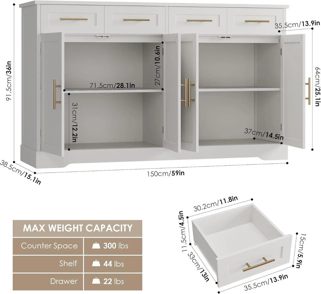60" Modern Buffet Cabinet with 4 Drawers, Gold Handles, White Kitchen Storage Sideboard