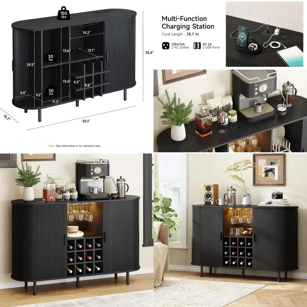 Modern Farmhouse-Style Wine/ Bar Cabinet with LED Lighting, Liquor/Whiskey Storage, and Glass Holder