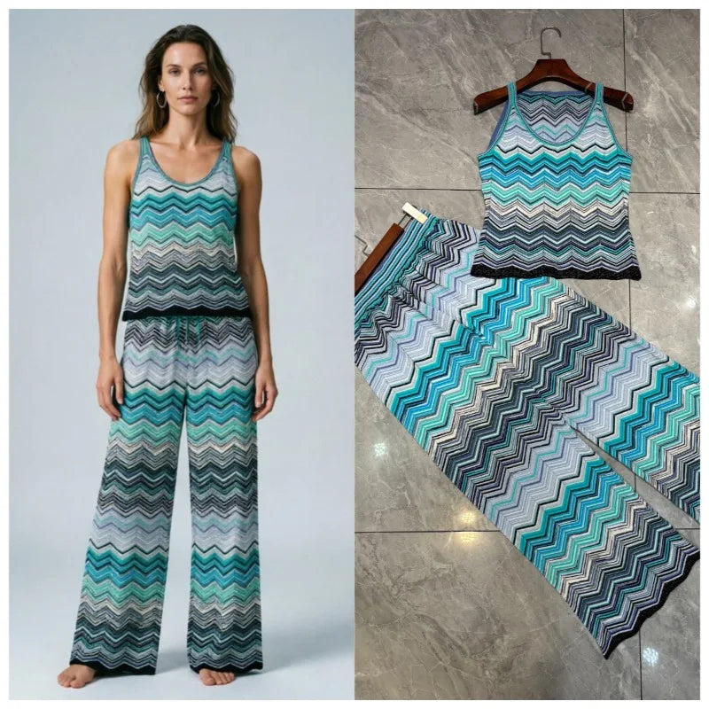 Metallic Striped Print Short Camisole and Pants Set for Women 2026 Summer New Slim Fit Versatile High-end Set Women Clothing