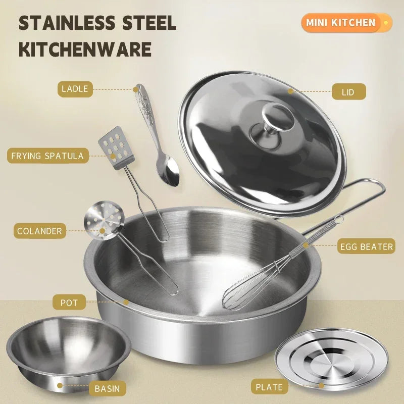 Children's Kitchen Cookware Set/ Play Kitchen Cooking Accessories/ Pots, Wood, Stainless Steel with Food for Kids