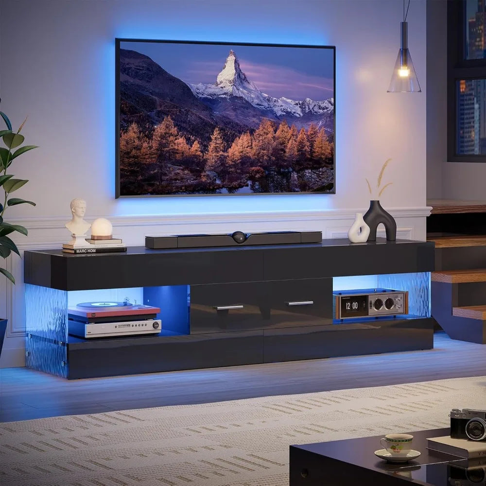 TV Stand for 55/60/65" TV, High Gloss Modern TV Stand with Stone-Patterned Side Panels, LED Entertainment Center