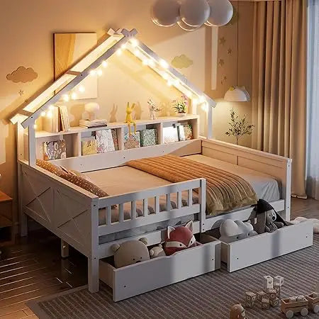 Full-Size House Platform Bed with LED Lights, Storage Shelves, Drawers, and Guardrail - Sturdy Pine Wood and MDF Frame