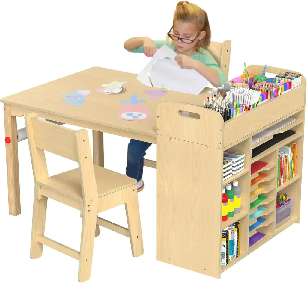 Kids Art Table and Chairs Set/ Craft Table with Large Storage Desk and Portable Art Supply Organizer for Children Ages 8-12