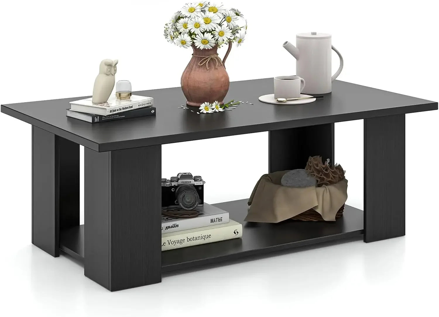 2-Tier Coffee Table, Modern Rectangular Center Cocktail Table with 5 Support Legs, Wooden Accent Living Room Furniture