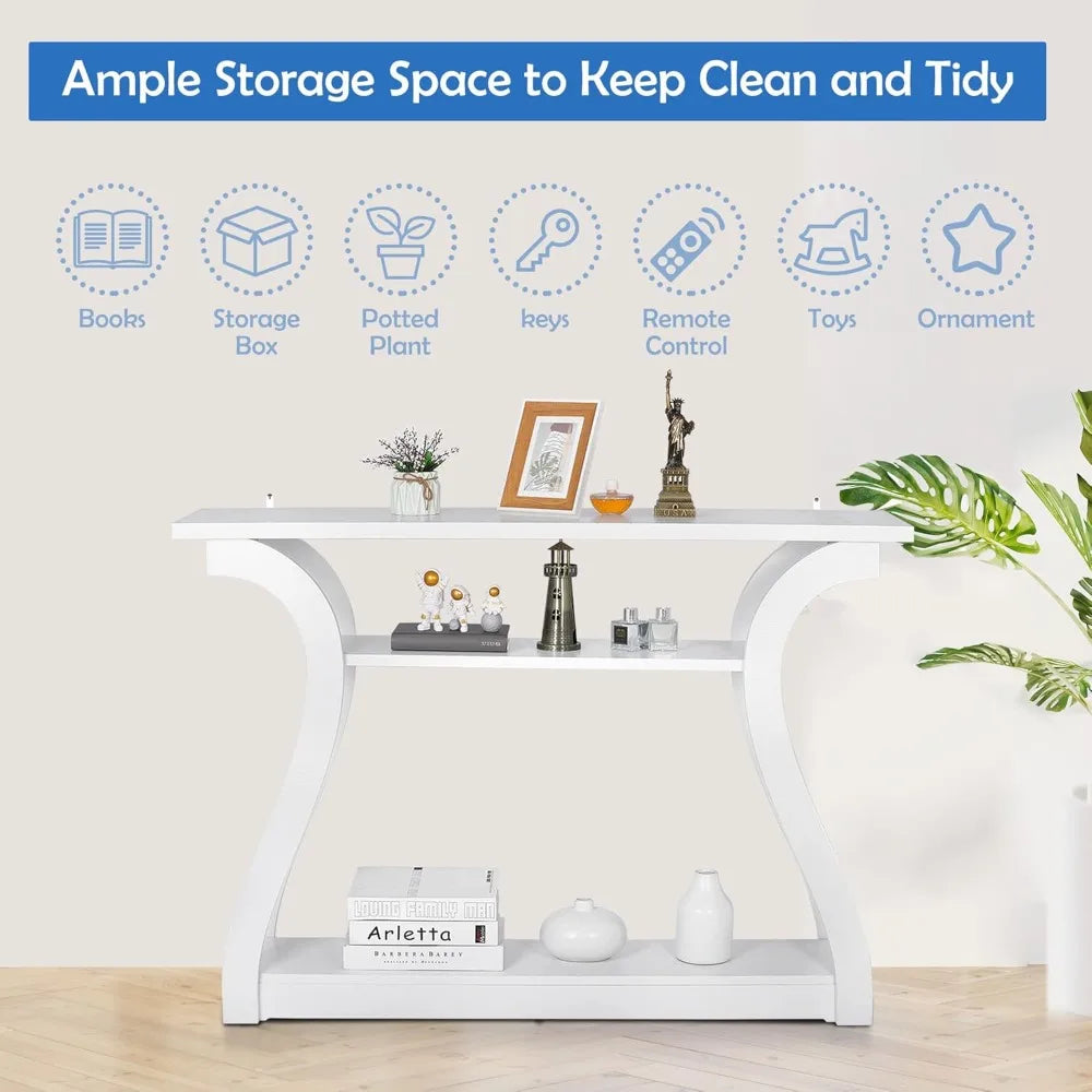 Wood Console Table for Entryway, 3 Tier Sofa Table with Curved Frame and 2 Open Storage Shelves, Narrow Table for Hallways