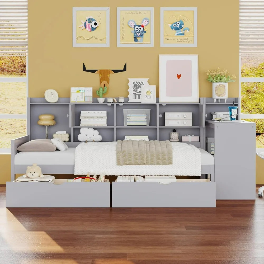 L-Shaped Wooden Daybed with Storage, Desk, and Bookshelf for Twin-Size Multi-Functional Use