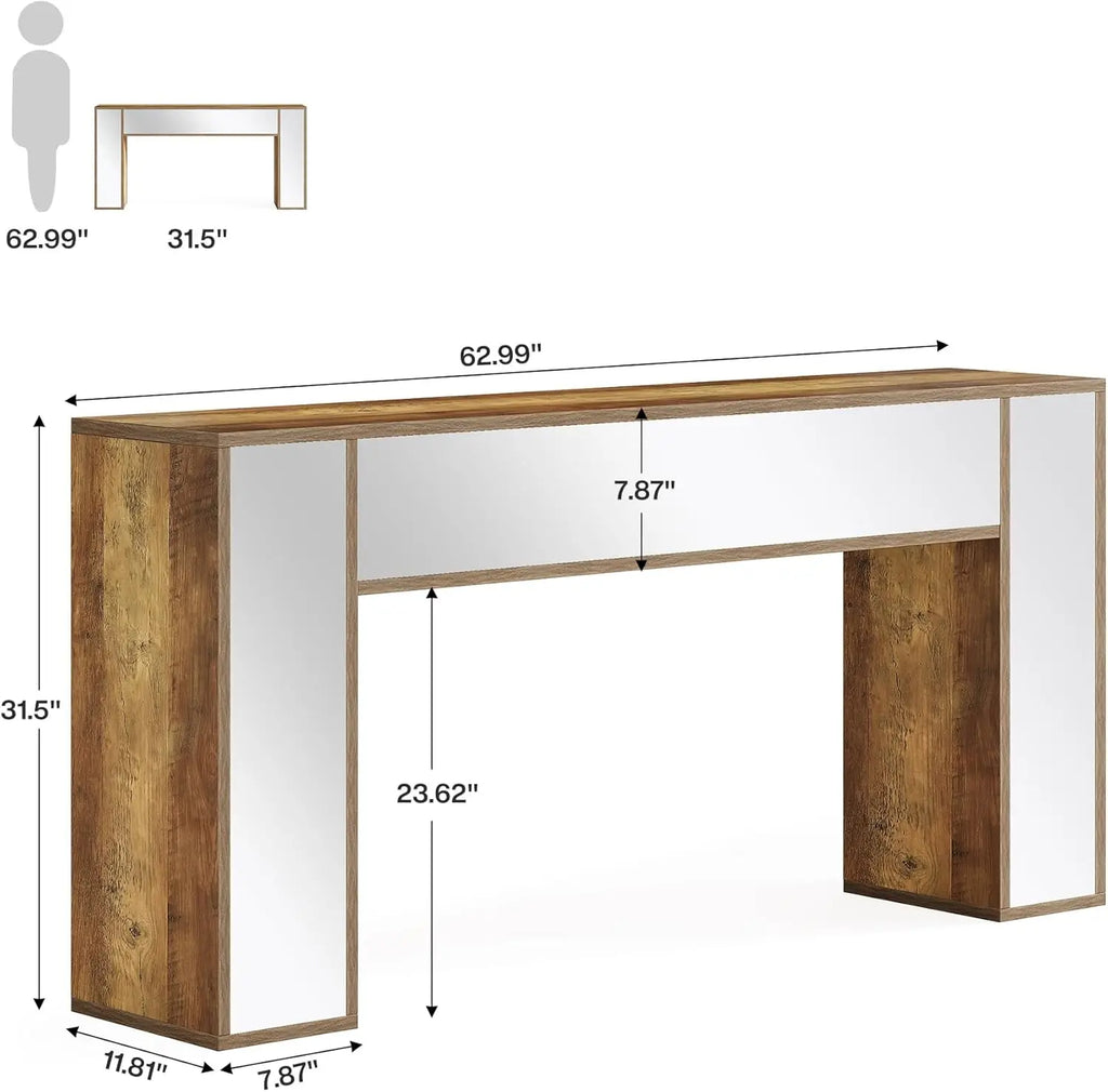 63" Mirrored Console Table for Entryway, Farmhouse Wood Sofa Table Behind Couch In Living Room