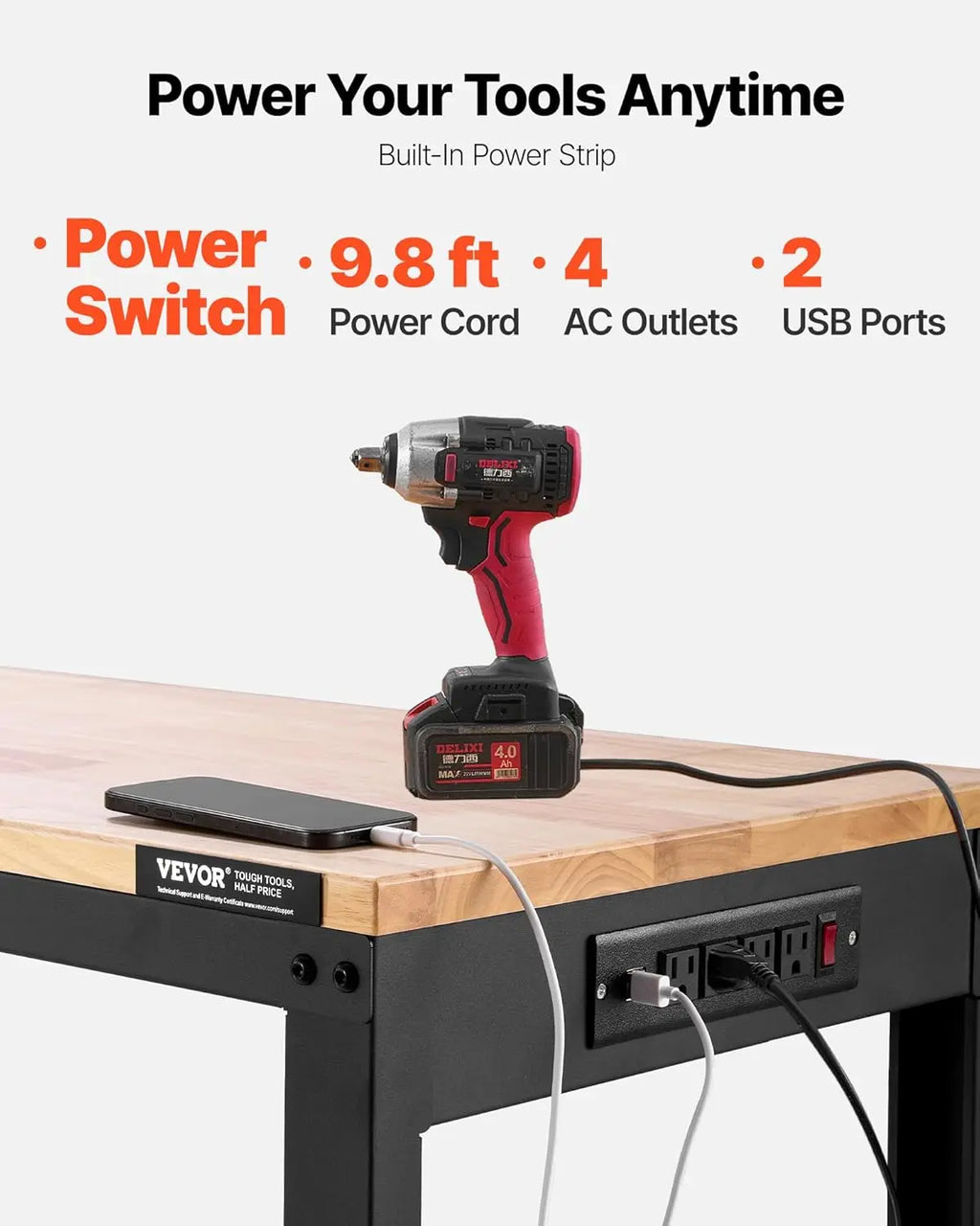 Adjustable Workbench, 2000 lbs Capacity, 61 x 20-inch Heavy Duty Work Bench with 27.1-36 Inches Height Adjustment