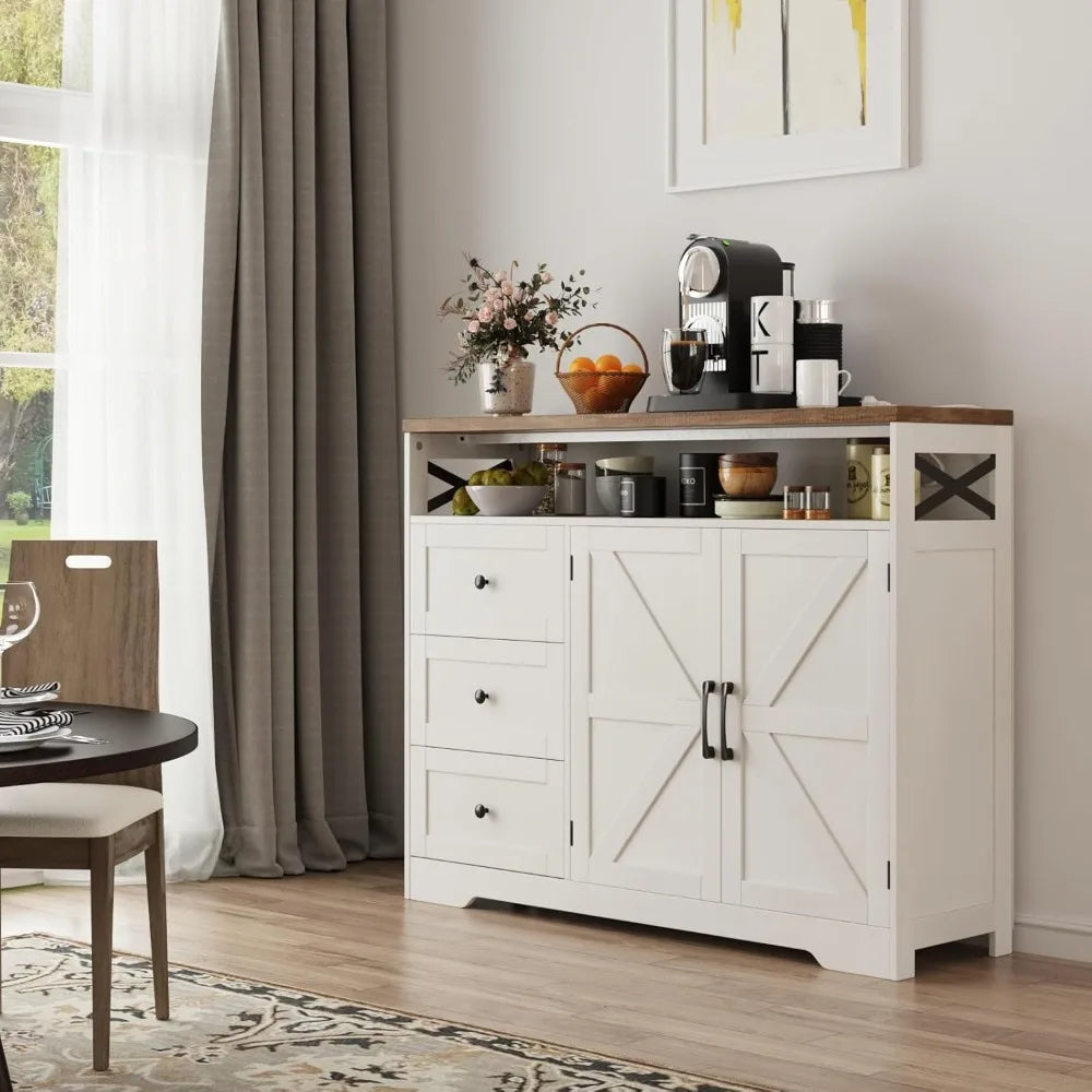 Farmhouse Buffet Cabinet with Drawers & Open Shelf, Sideboard with Storage, Kitchen Pantry Cabinet Hutch, Coffee Bar/Drinks