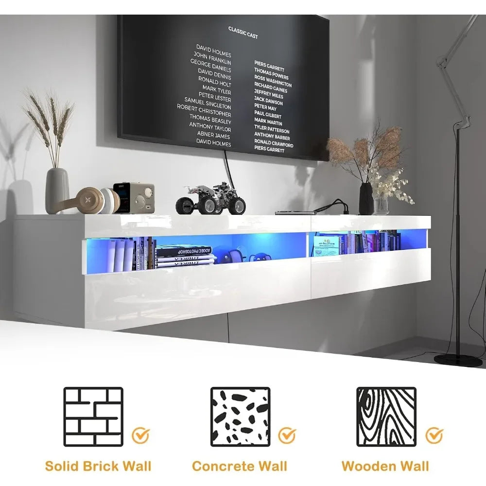 Floating TV Stand, Wall Mounted TV Shelf with Led Lights & Power Outlet, 71" Modern Entertainment Center Media Console with Storage