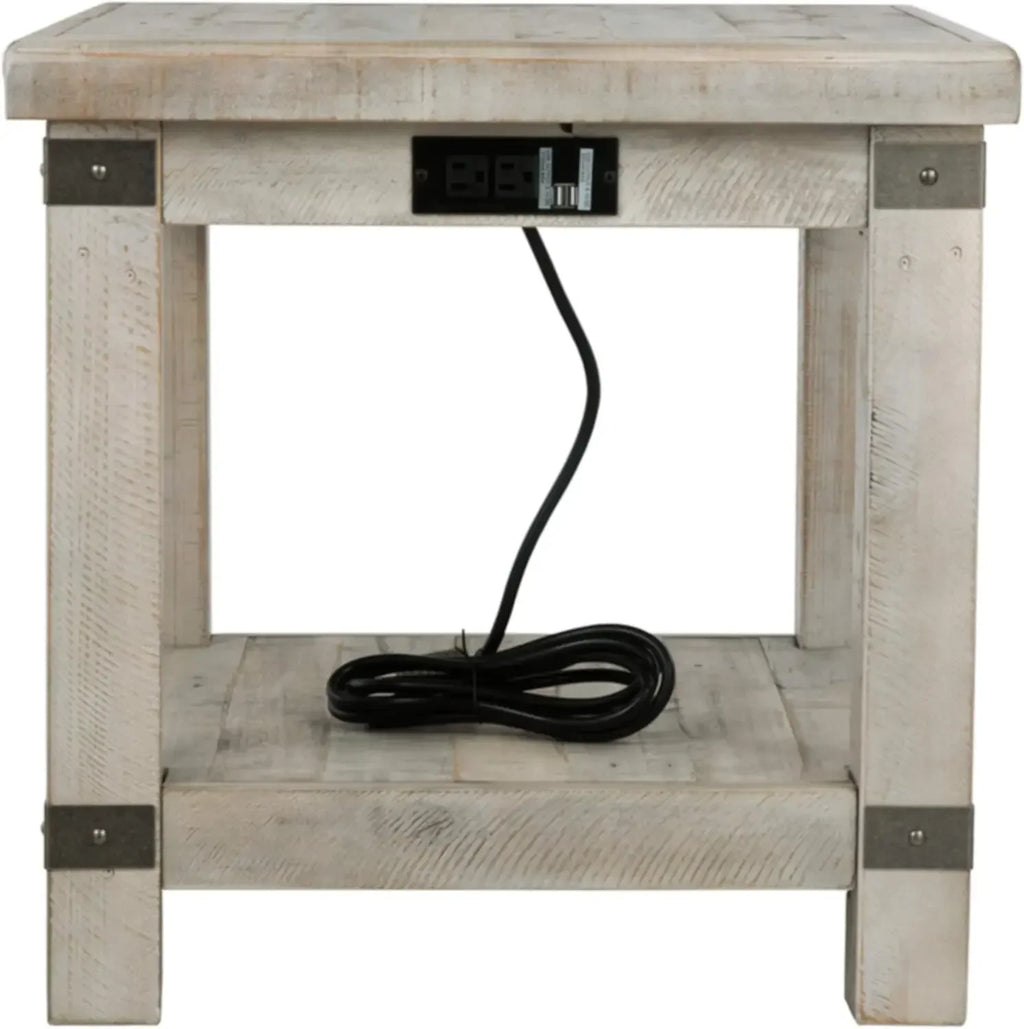 Rectangular End Table with Lower Shelf, 2 Electrical Outlets and 2 USB Ports, Whitewash
