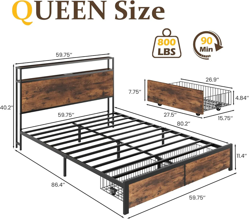 Full Bed Frame with 2-Tier Storage Headboard, Metal Bed Frame with Storage Drawers & Built-in Charging Station & LED
