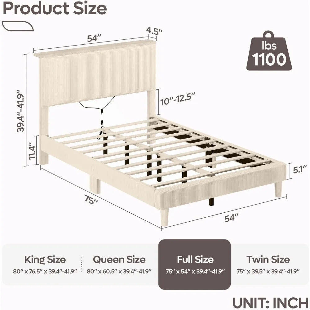 Full Bed Frame with Adjustable Headboard & LED Lighting, Corduroy Upholstered Platform Bed Frame with Storage Shelf