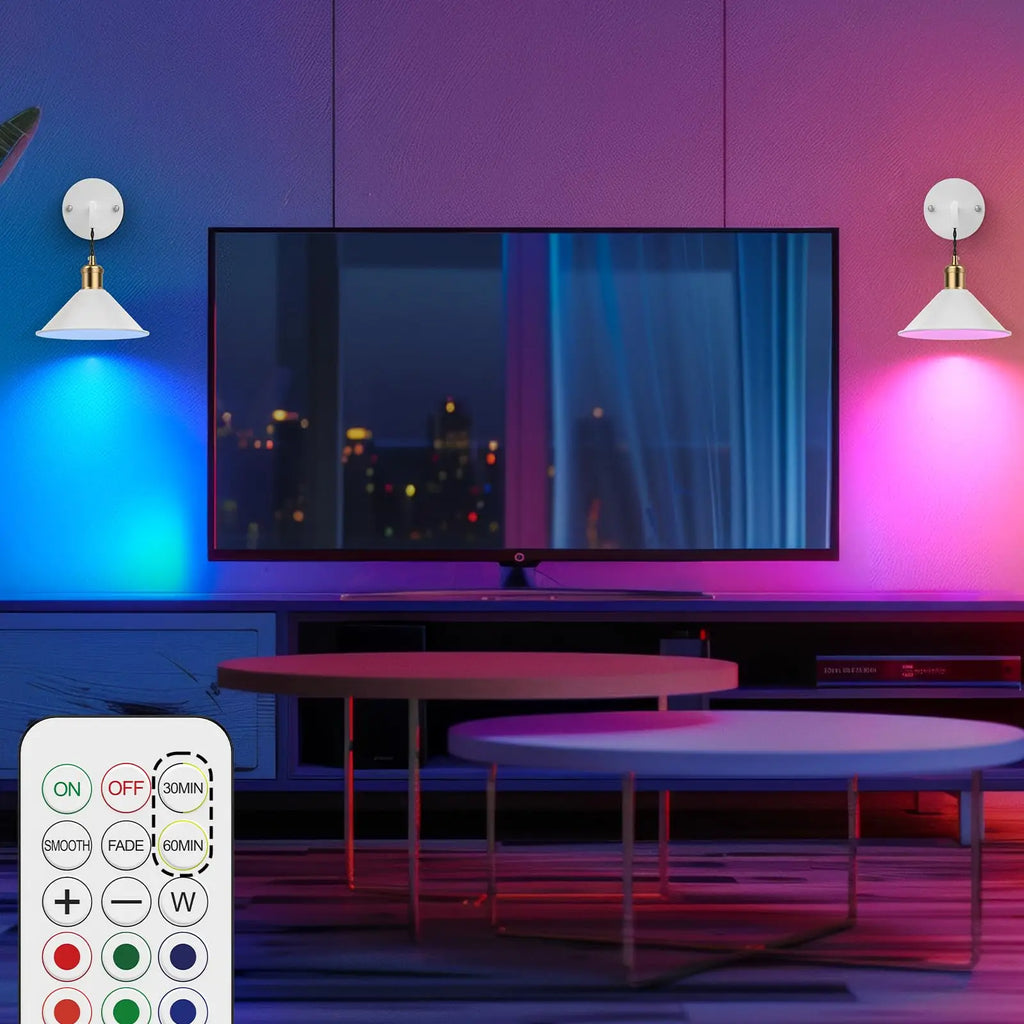 Set of 2 Battery-Operated Black Wall Sconces with Remote - Dimmable Warm & RGB Lighting for Bedrooms and Living Rooms!