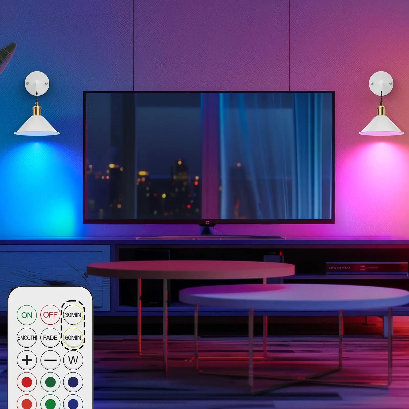 Set of 2 Battery-Operated Black Wall Sconces with Remote - Dimmable Warm & RGB Lighting for Bedrooms and Living Rooms!