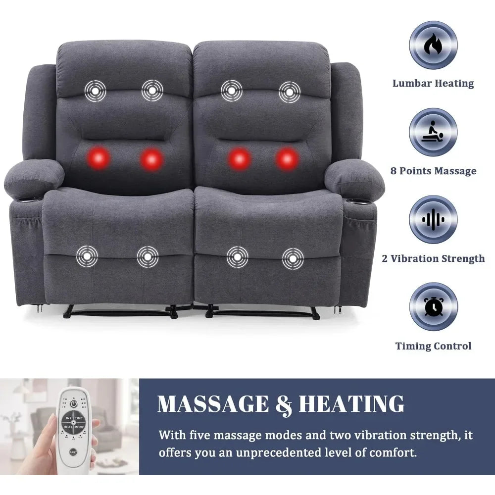 Spacious Two-Person Reclining Loveseat with Heating and Massage, Compact Recliner Sofa with Drink Holders and USB Charging