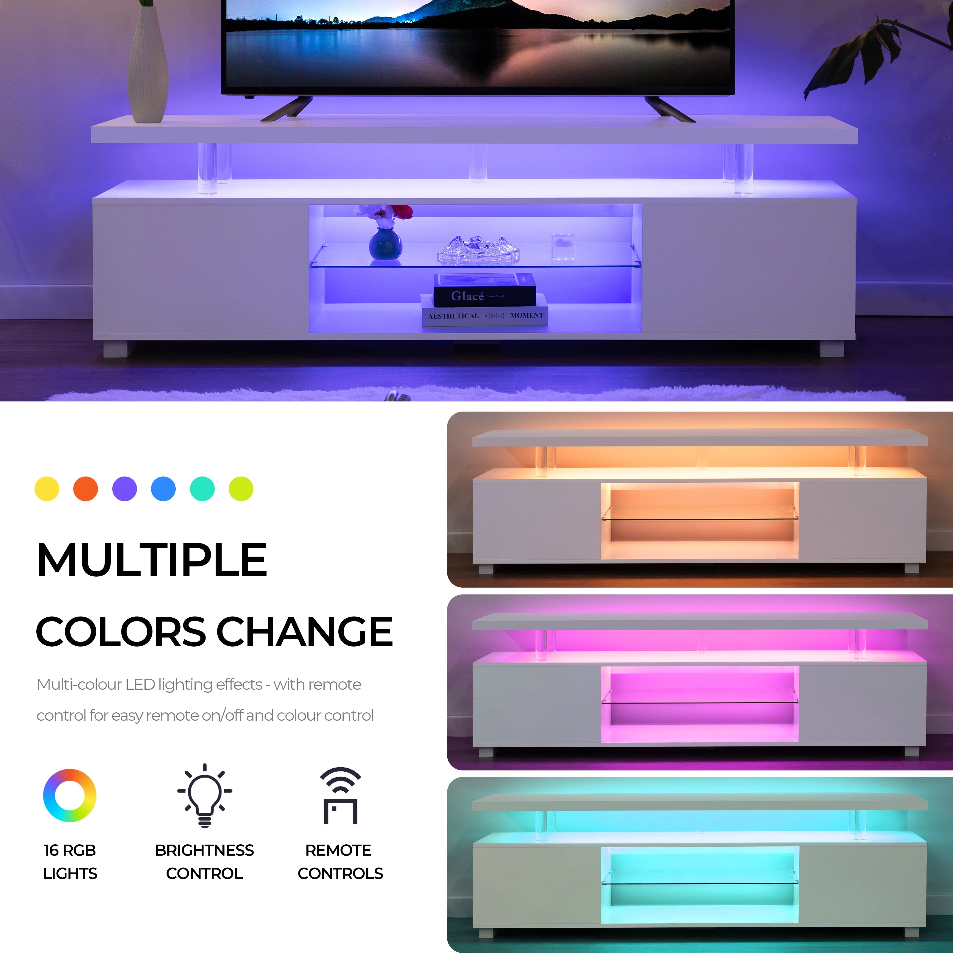 Cubehom LED TV Stand White Entertainment Center, Gaming Center for 60- 65inch TV with Storage, TV Stands for Gaming/ Living