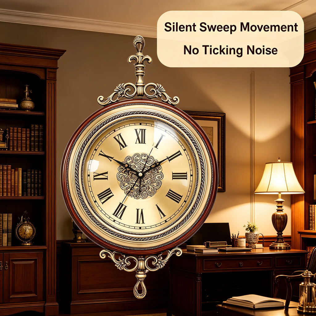 Double-Sided Wall Clock Vintage Style, 12-inch Silent Round Clock with 360° Rotation, Easy-to-Read Dual-Sided Dial for Living Room Office, Brown