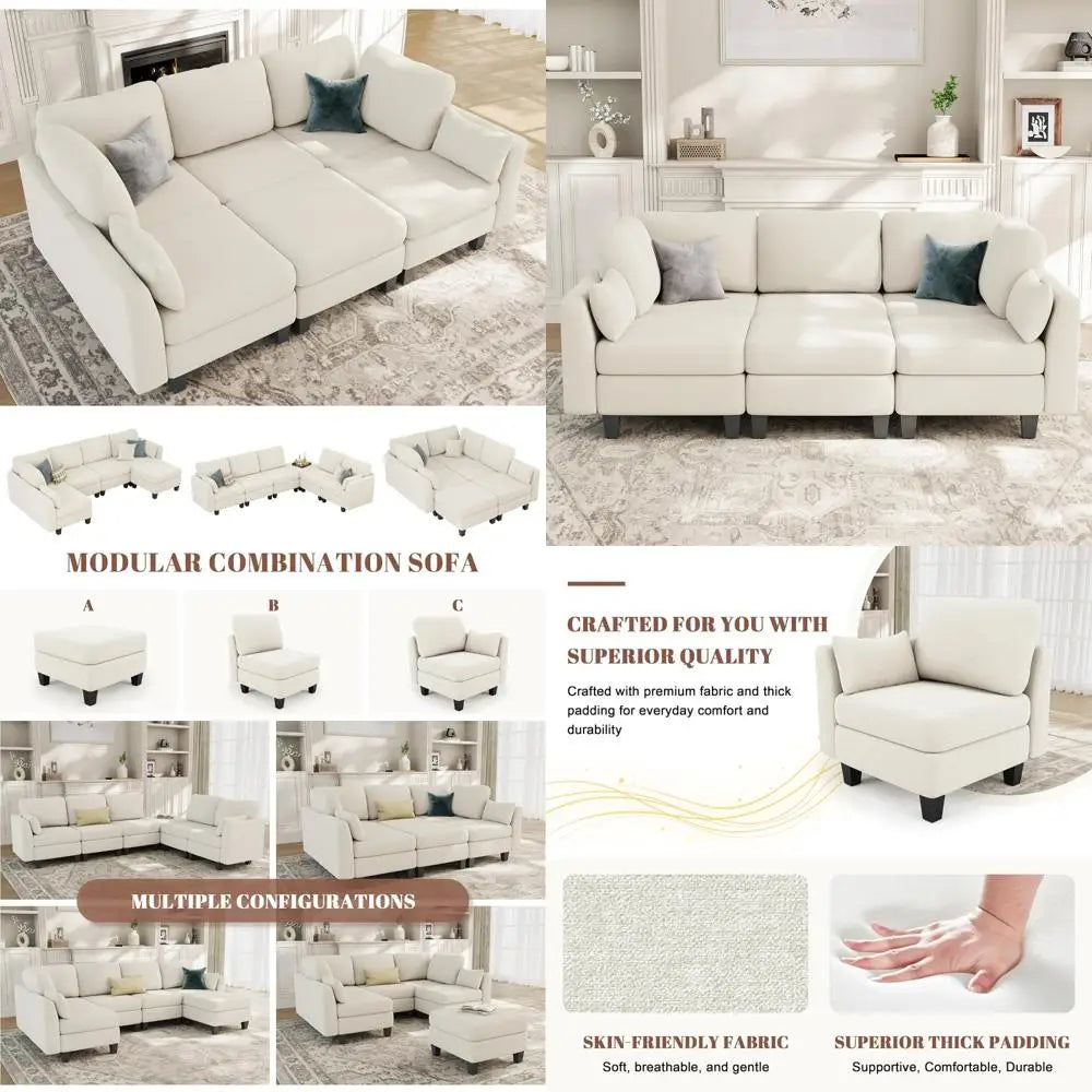 6-Seater Beige Sectional Sleeper/Sofa with Comfortable Modular Couches and Convertible Sofas Featuring Ottoman Storage