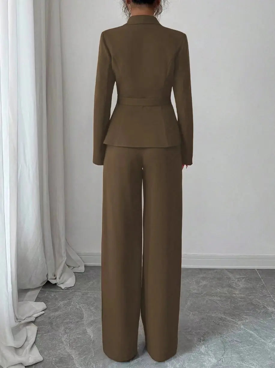 Women's Casual Elegant Solid Color Pocketless Green Collar Long-sleeved Jacket Top and Simple Wide-leg Pants Two-piece Set