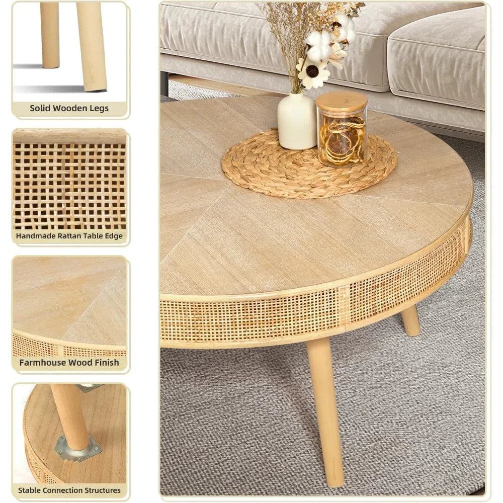 2-Piece Modern Rustic Coffee Table Set Solid Wood Finish Sofa Side Tea Tables with Crafted Rattan End Table