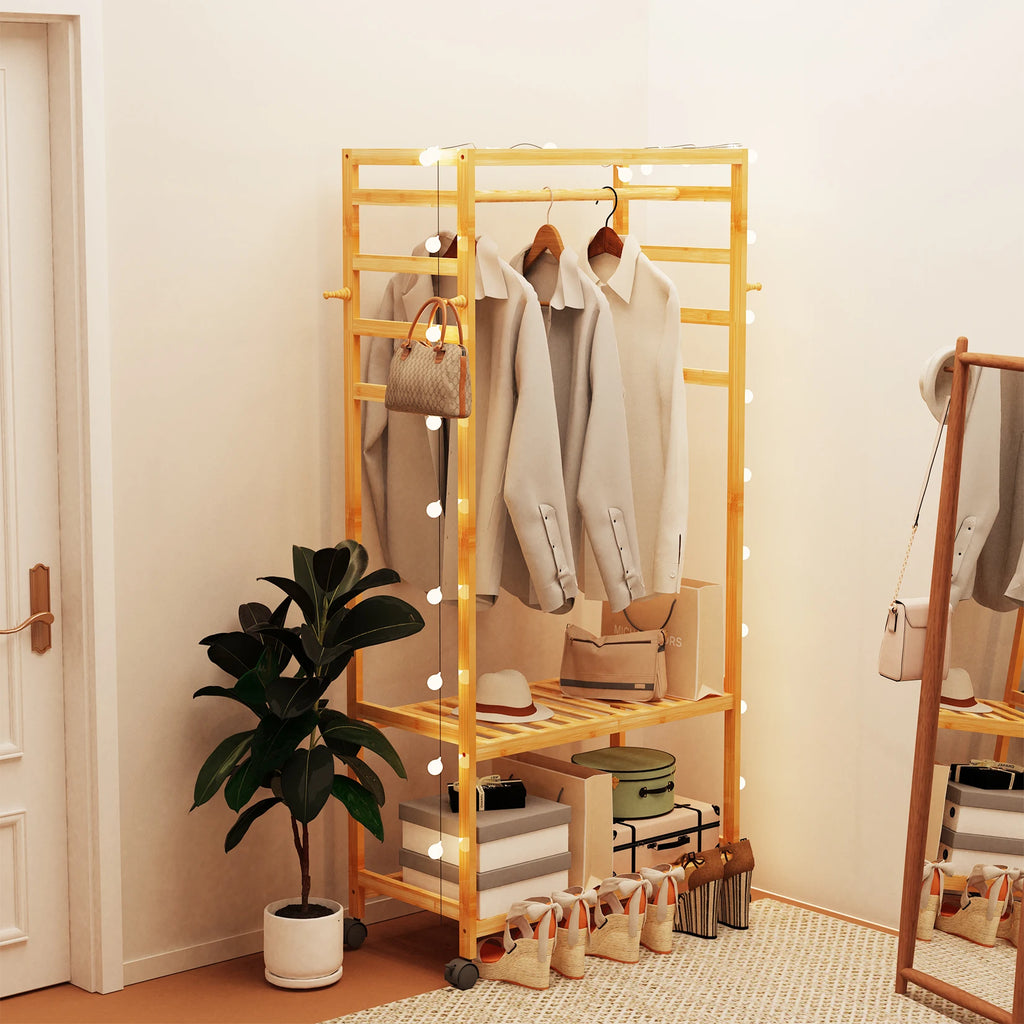 Bamboo Garment Coat Rack Clothes Hanging Rack Organizer with Wheels