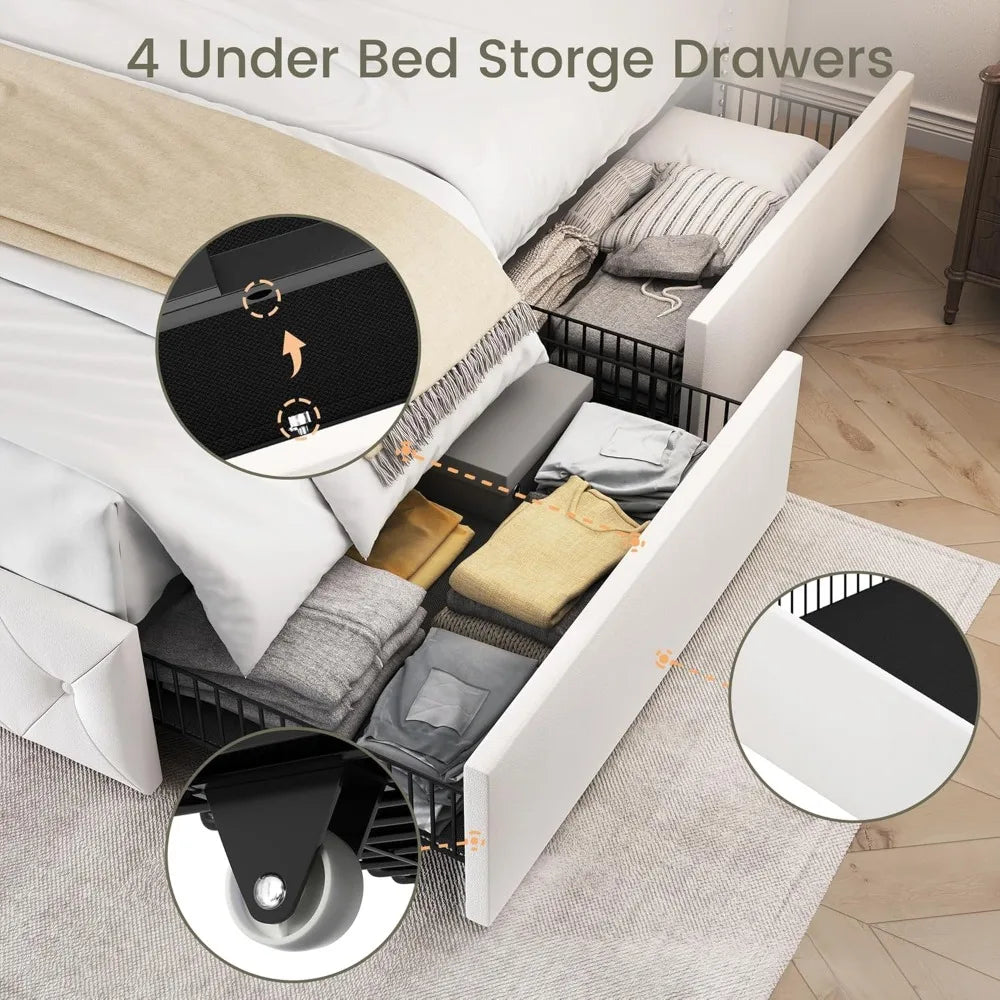 King Size Bed Frame with 4 Storage Drawers and Tufted Velvet Wingback Headboard/ Upholstered Platform Bed Frame