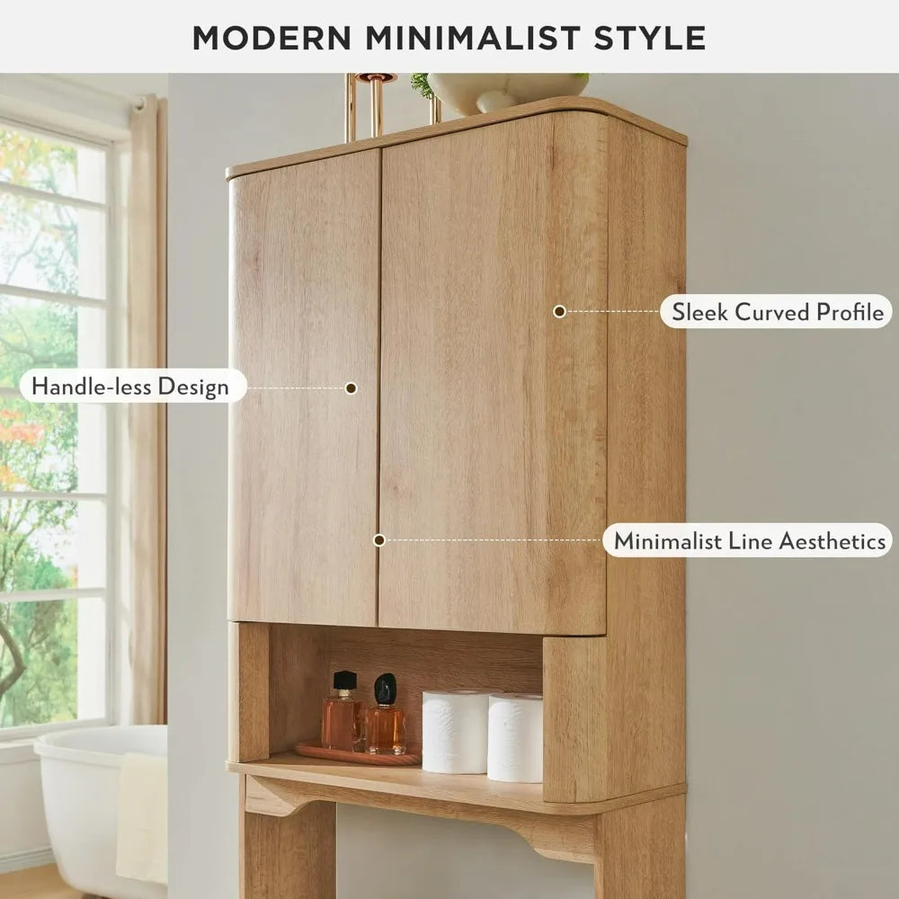 67 Tall Wooden Bathroom Storage Cabinet with Adjustable Shelves and Handle-Free Double Doors