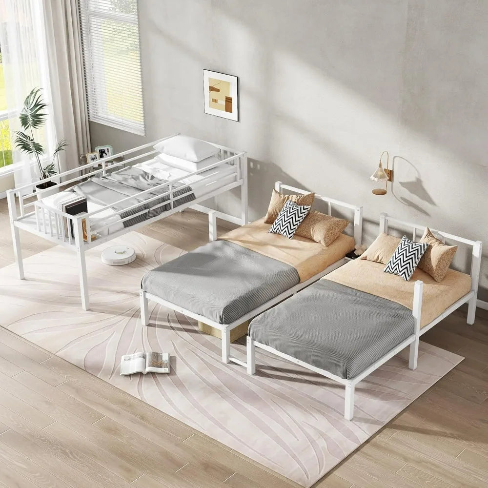 Sturdy Triple Bunk Bed for Three Children with Twin Mattresses, Safety Rails, and Access Ladder
