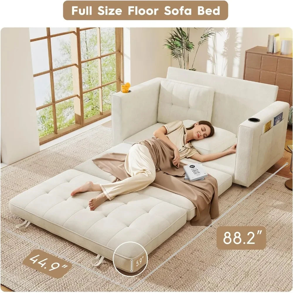 55" Convertible Sofa Bed Pull out Couch Love Seat Sleeper Bed Small Fold out Sofa with Cup Holder Home Living Room Furniture