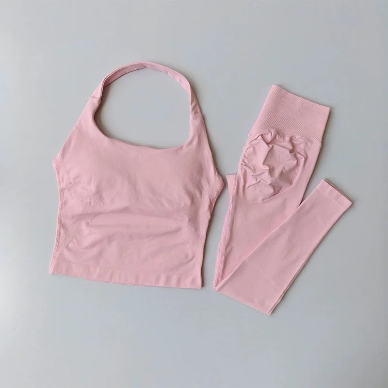 Yoga Pants High-Waisted Tummy-Control Hip-Lifting Sports Suit/ Women's Push-Up Shockproof Halter Neck Back-Slimming Fitness Set