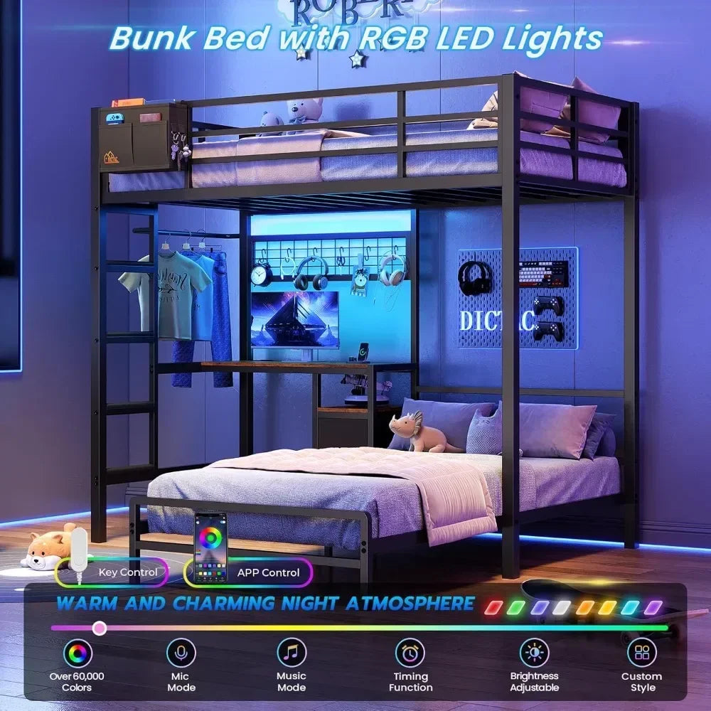 Metal L-Shaped Twin over Twin Bunk Bed with Desk, LED Lighting, and Charging Station