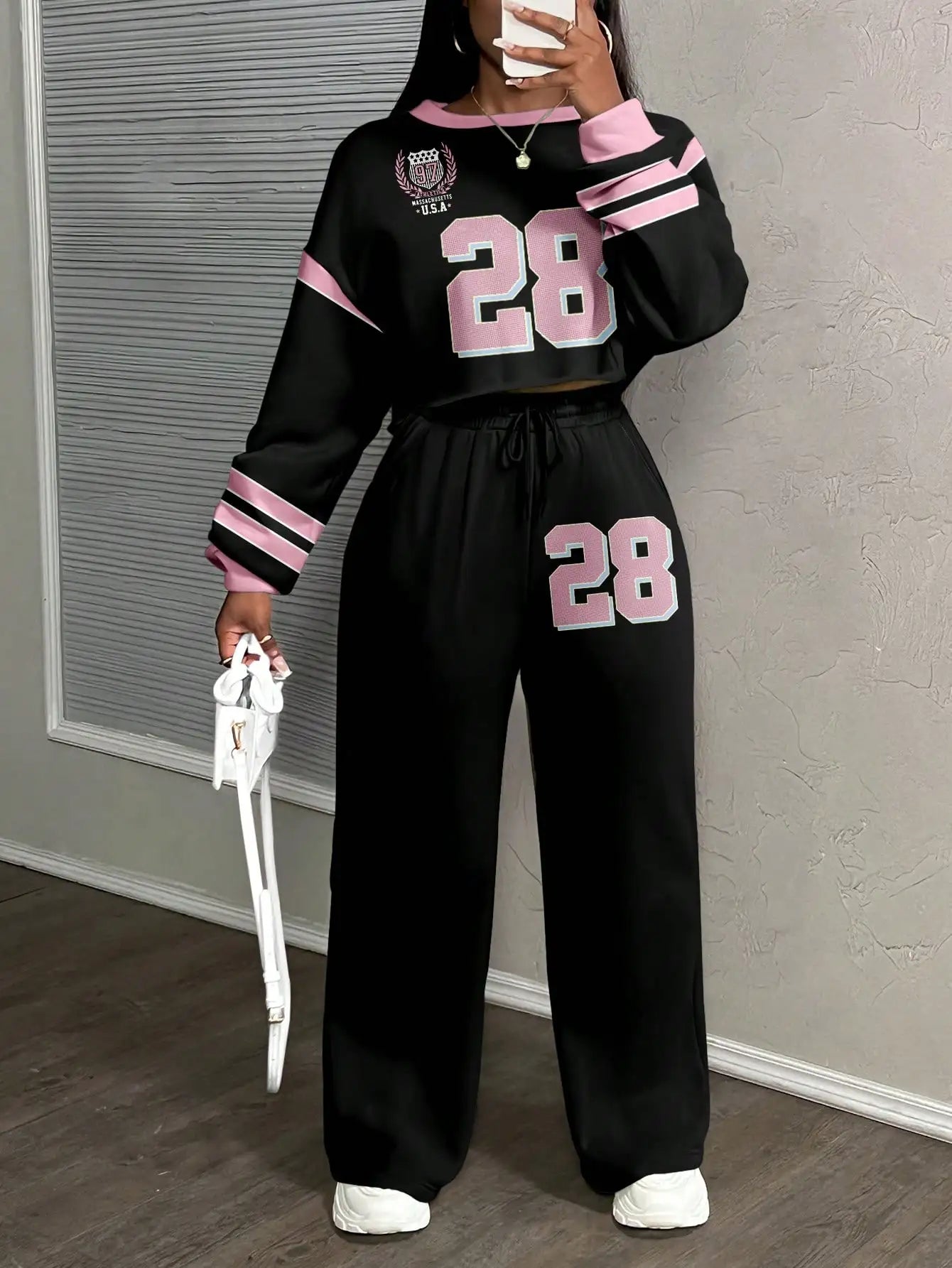 California 23 Two Piece Set Women's Streetwear Crop Top & Wide Leg Pants/Fall Winter