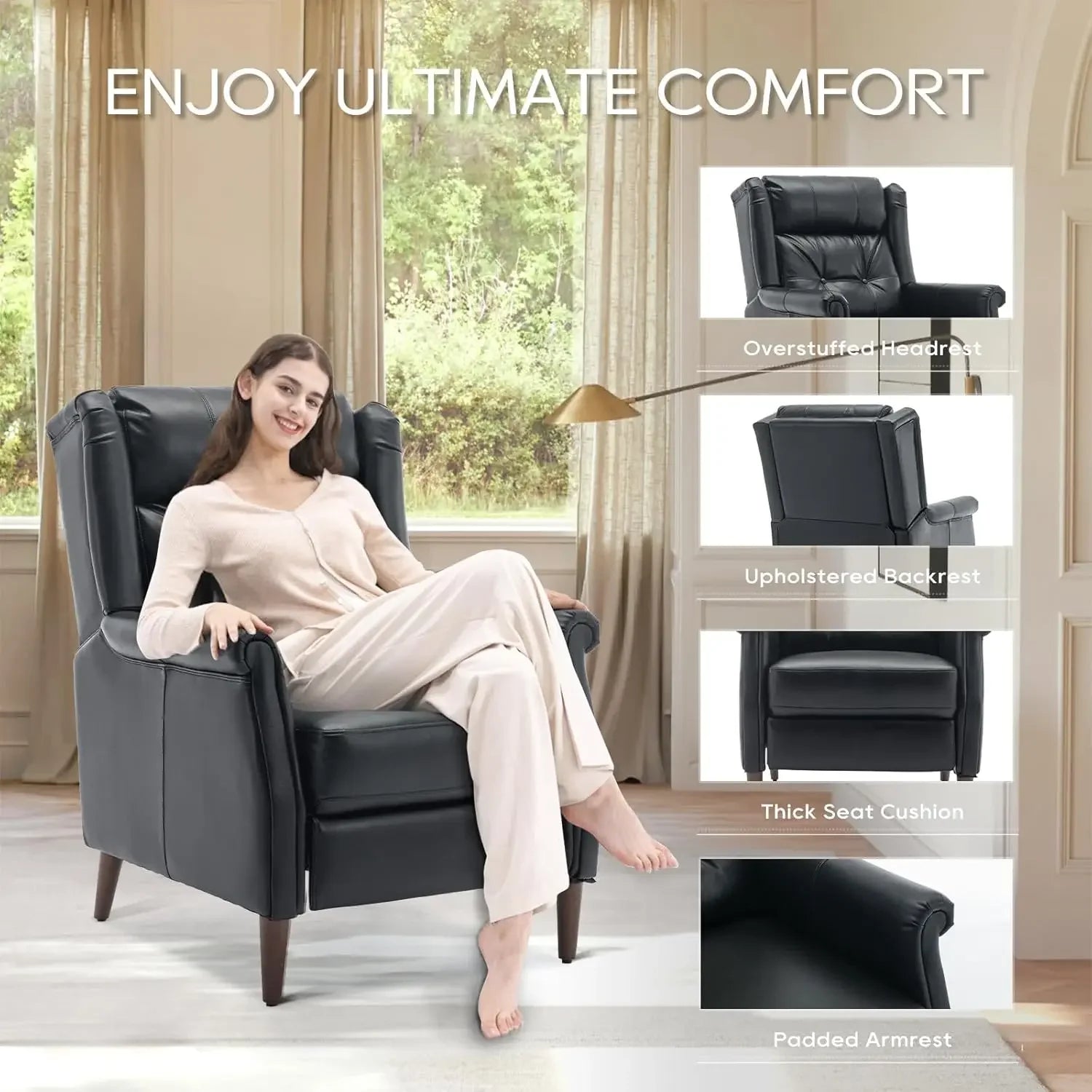 Wingback Pushback Recliner Chair, Modern Upholstered Leather Living Room Chair Armchair with Button Tufted Back, Black