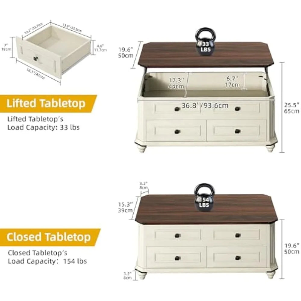 Lift Top Coffee Table with Storage, Farmhouse Wood Central Table w/Large Hidden Compartment, 2 Storage Drawers, Lift Tabletop