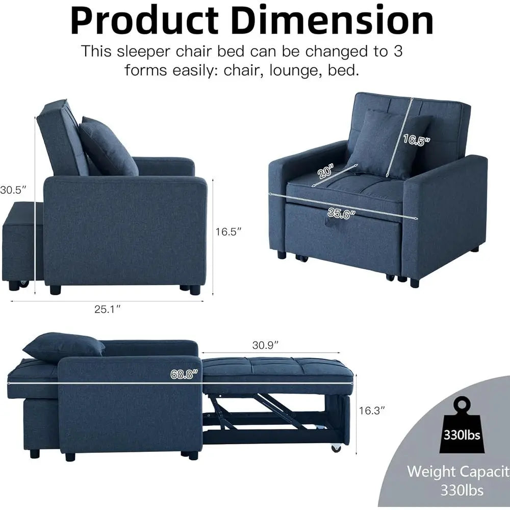 Convertible Sofa Bed with Reclining Backrest and Pull-Out Sleeper, 3-in-1 Blue Couch (35.6)