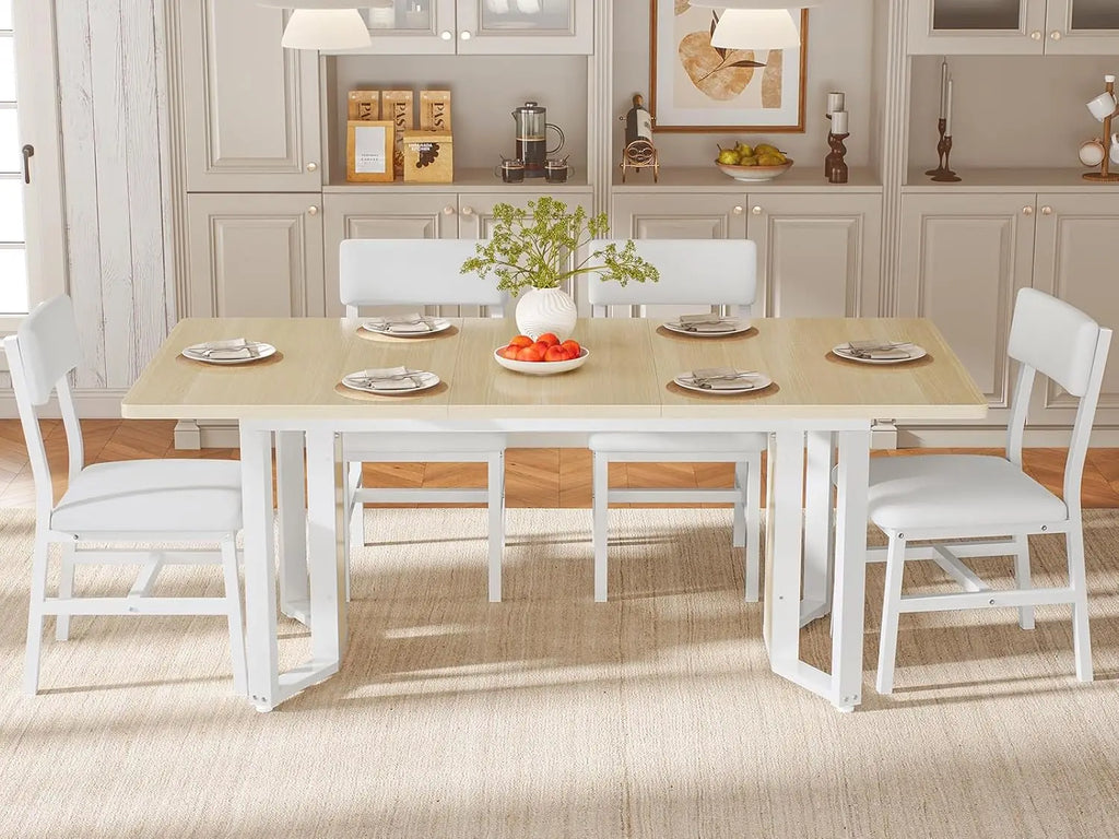 5-Piece Dining Table Set , 63" Extendable Kitchen Table , Dining Room Table with MDF Board & Metal Frame-Natural