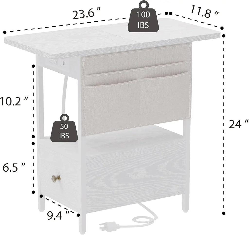 Small Side Table with Charging Station, Narrow Nightstand Bedside Tables with Storage Pocket for Living Room Bedroom, Sofa End Table