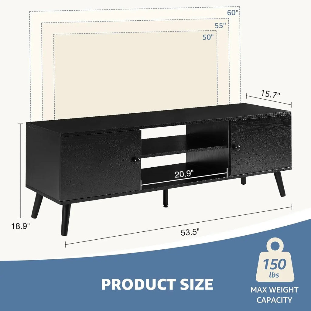 TV Stand for 55-60" TV, Entertainment Center with Storage Cabinet, Mid Century Modern Media Console Table, Adjustable Hinge