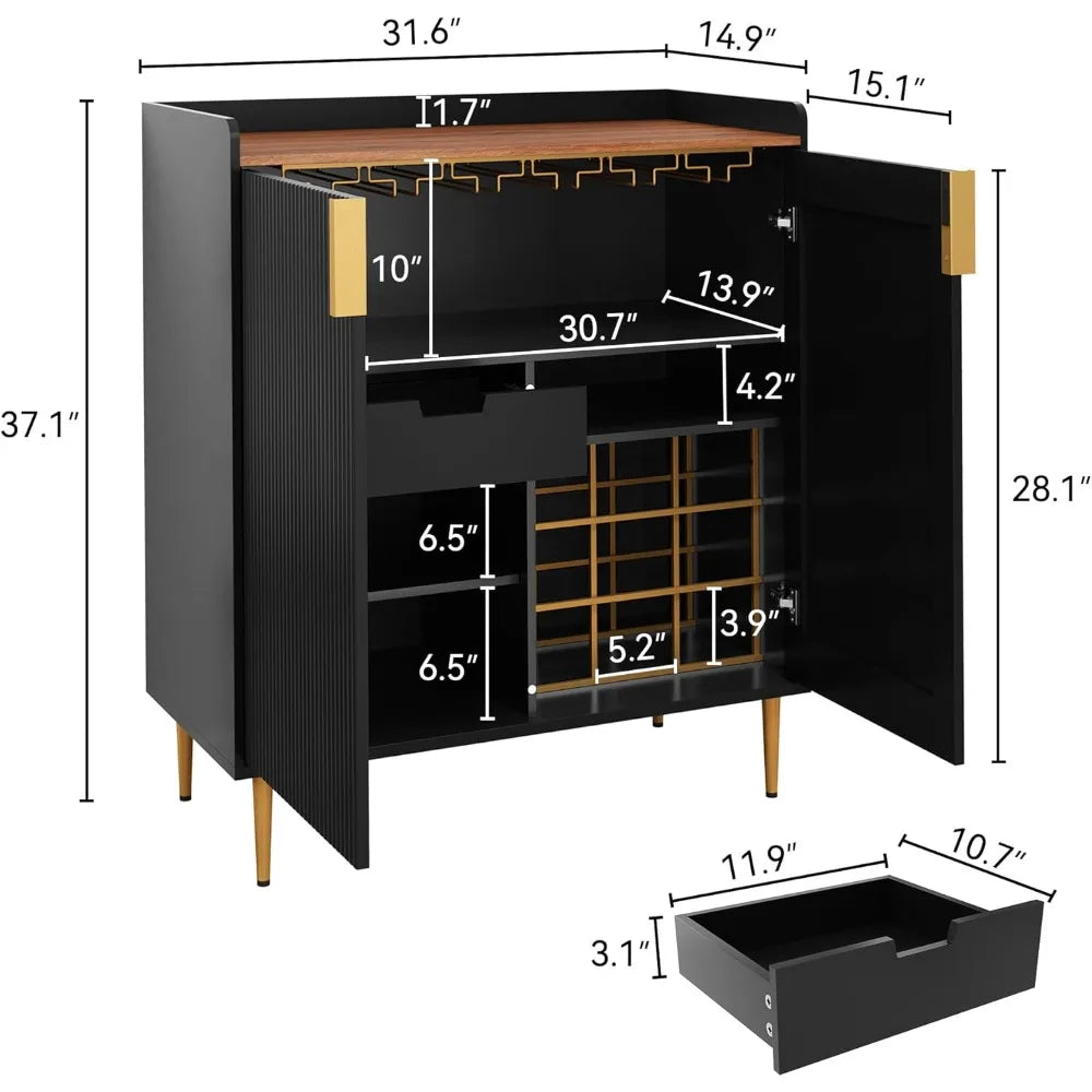 Sideboard Buffet Cabinet with Fluted Texture, Modern Coffee Bar Cabinet with Wine Rack &Drawers, Black Liquor Cabinet for Kitchen