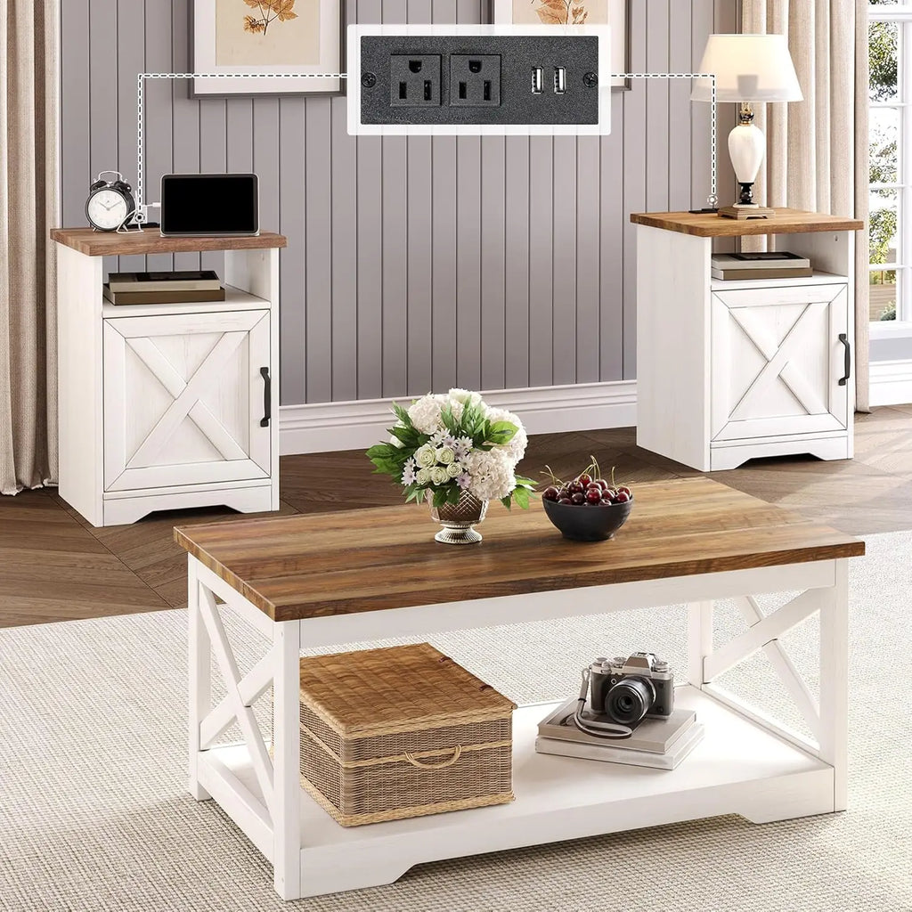 3-Piece Farmhouse Living Room Table Sets, Includes 1 X Coffee Table, 2 X End Tables With Charging Station & USB Ports
