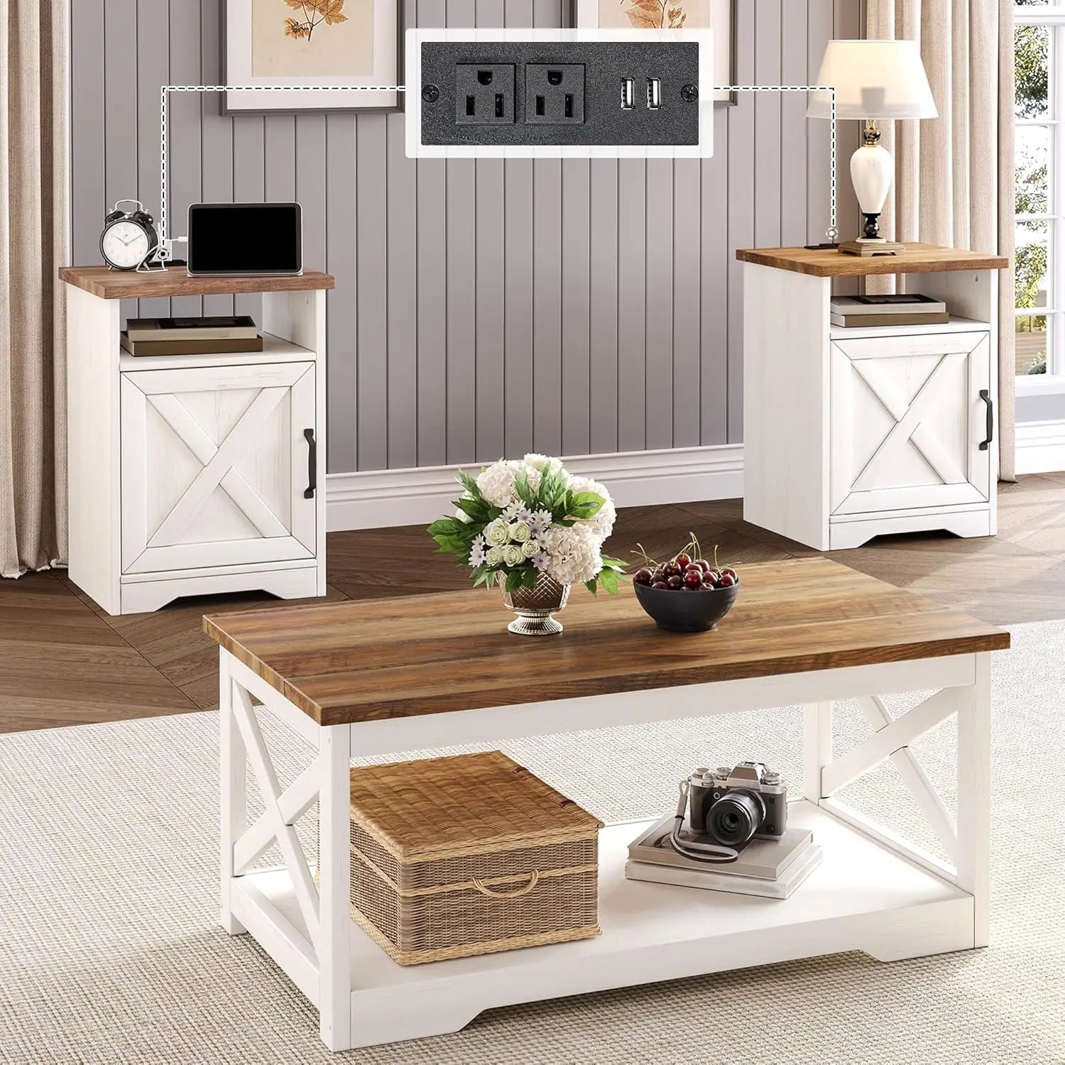 3-Piece Farmhouse Living Room Table Sets, Includes 1 X Coffee Table, 2 X End Tables With Charging Station & USB Ports