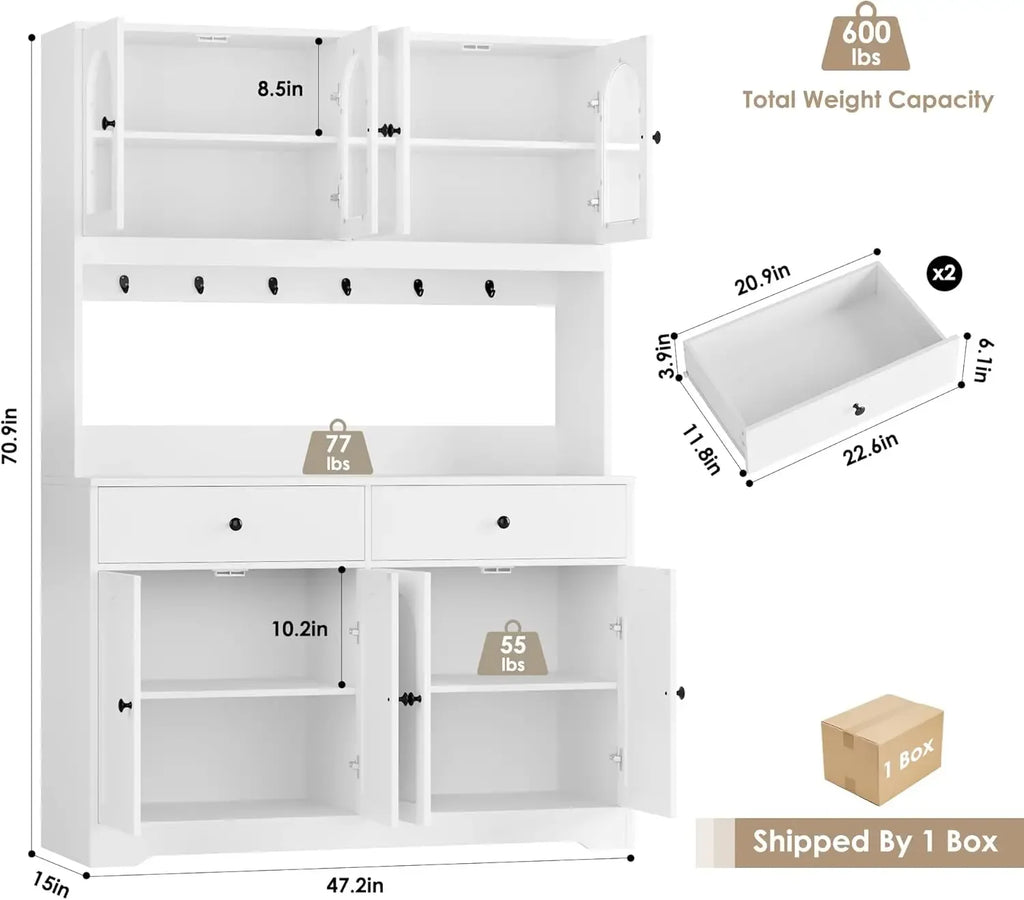 71" LED Kitchen Pantry Cabinet with Power Outlet, Large Kitchen Hutch Storage Cabinet with Arched Door & Shelves, 2 Drawers