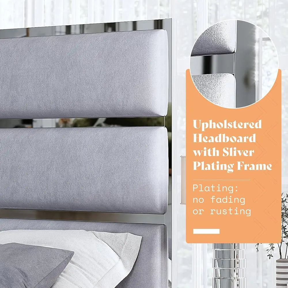 King-Size Velvet Bed Frame with Silver Trim, Channel Tufted Platform Bed, No Box Spring Needed