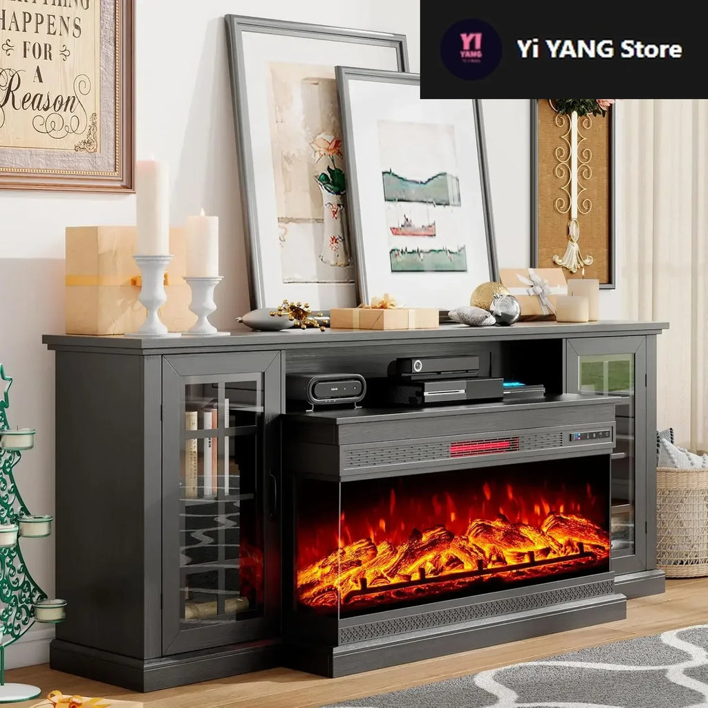 75" Fireplace TV Stand with 3-Sided Glass Electric Fireplace, Media Entertainment Center , TVs up to 85", Black