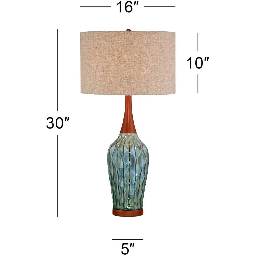360 Lighting Rocco Mid Century Modern Table Lamp 30" Tall Ceramic Blue Teal Glaze Wood Handmade Linen Drum Shade
