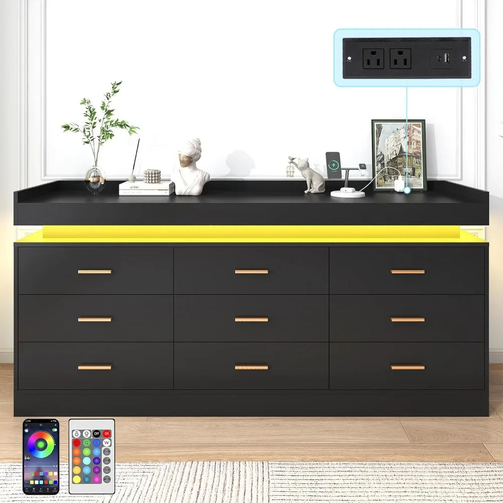 9 Drawer Dresser with Charging Station and LED Lights, Modern Chest of Drawers with Power Outlet, Organizer Cabinet for Bedroom,