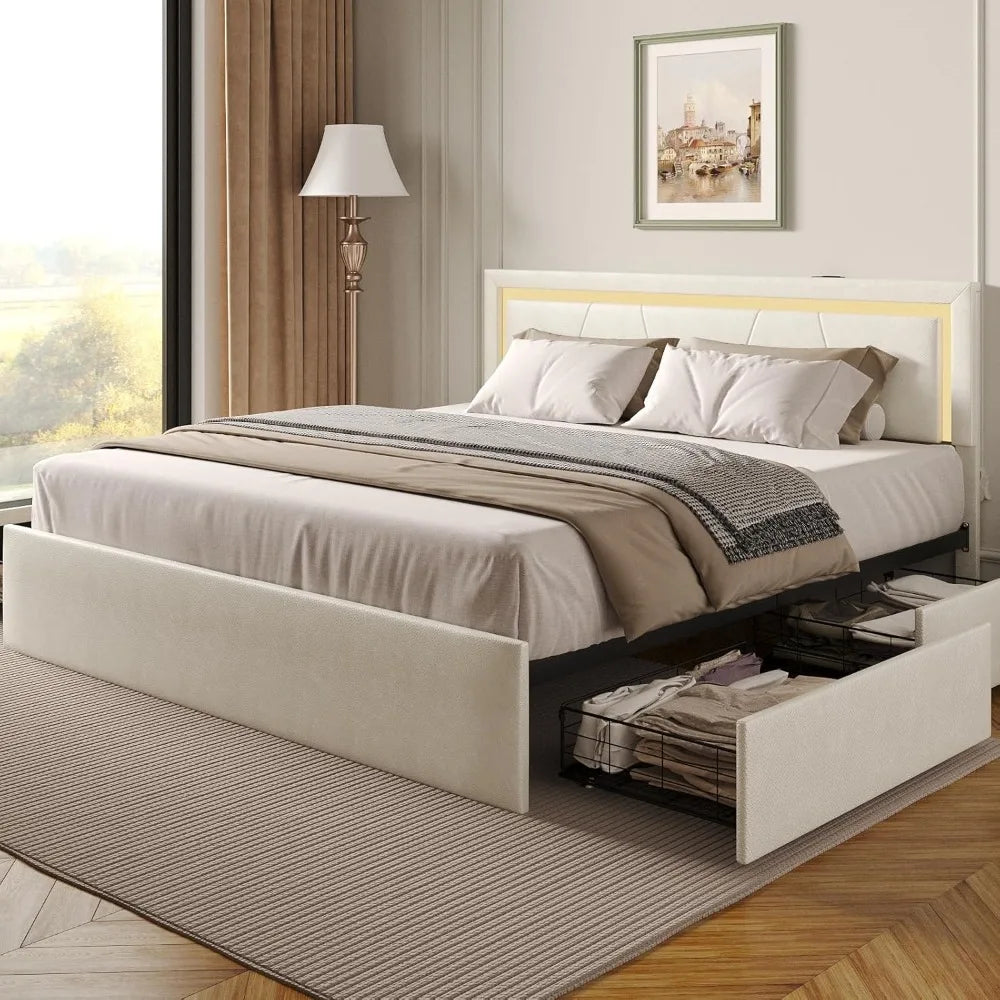 Full Bed Frame with 4 Storage Drawers and Adjustable Headboard, Upholstered Platform Bed with LED Lights and USB Ports